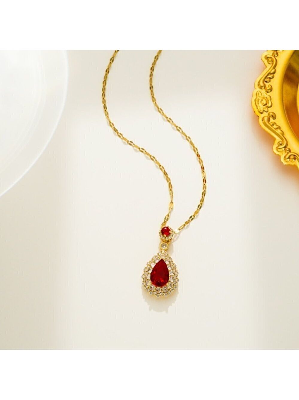 18K Gold Plated Stainless Steel Simulated Diamond Tear Drop Ruby Necklace
